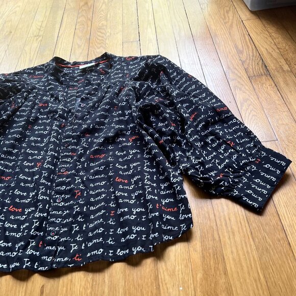 Anthropologie Laetitia Rouget Sz L Black Motif I Love You Puff Sleeve Blouse NWT - Picture 9 of 16